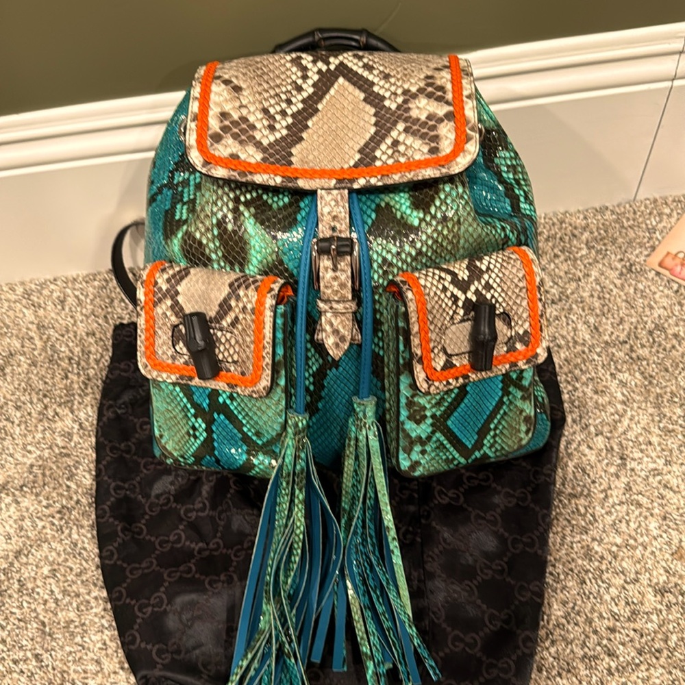 Gucci exotic, python,skin bamboo top handle backpack, very rare, limited edition